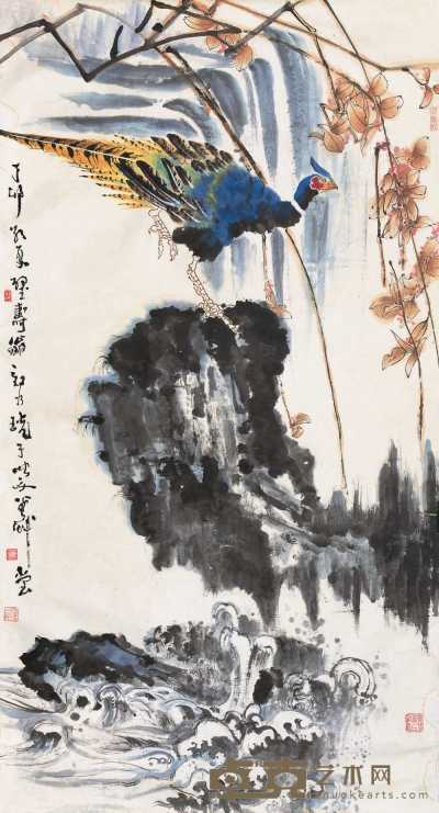 郑乃珖 1987年作 孔雀图 镜心 176×94cm